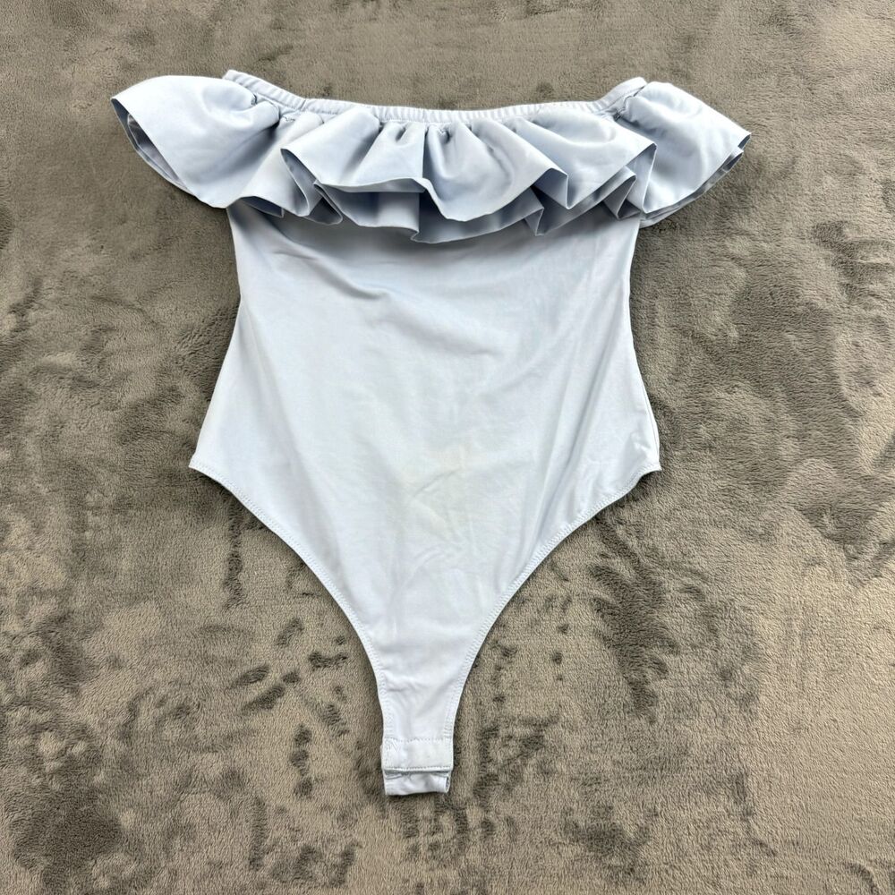 Altar'd State Bodysuit Womens Size XS Thong Blue Nylon Ruffle Strapless Preppy